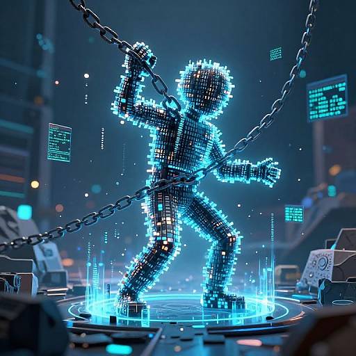Digital CGI image of a glowing blue, pixelated human figure in a dynamic fighting pose, bound by chains, standing on a futuristic, neon-lit