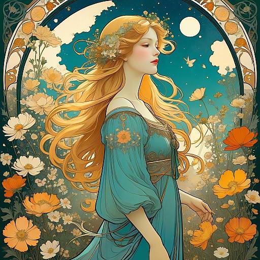 Art Nouveau Woman in Cosmos Garden