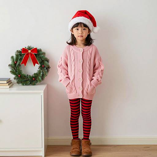 Young Girl in Pink Christmas Cardigan and Santa Hat