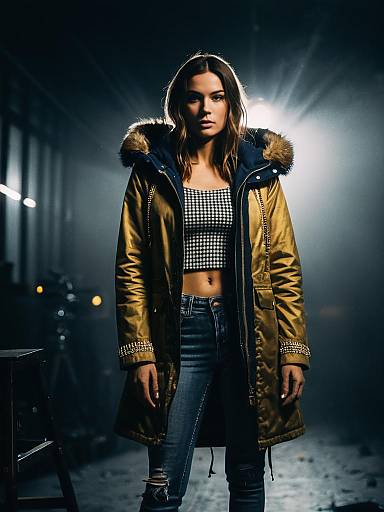 Stylish woman in parka with faux fur hood