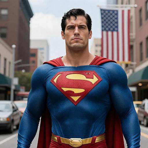 Superman in Urban Street with American Flag