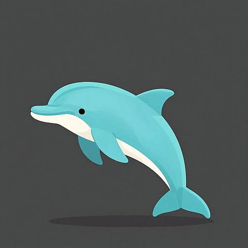 Digital illustration of a bright blue dolphin with a white belly, black eye, and streamlined body, leaping against a dark blue background.