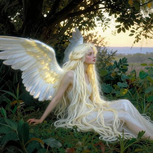 Digital artwork of a fair-skinned, long-blond-haired angel with glowing white wings, sitting amidst lush greenery at sunset.
