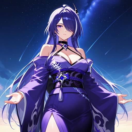 Anime Woman with Long Purple Hair in Night Sky