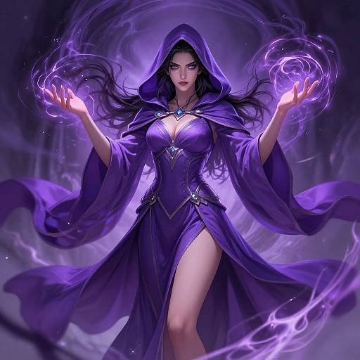 Digital art of a mysterious, dark-haired woman in a purple hooded dress, casting magic with glowing purple energy in a swirling, ethereal background.