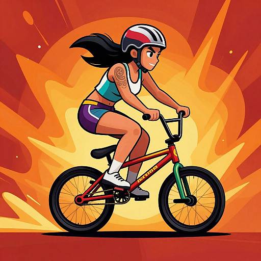 Digital illustration of a determined woman with long black hair, wearing a white and red helmet, blue sports bra, and purple shorts, riding a red bicycle