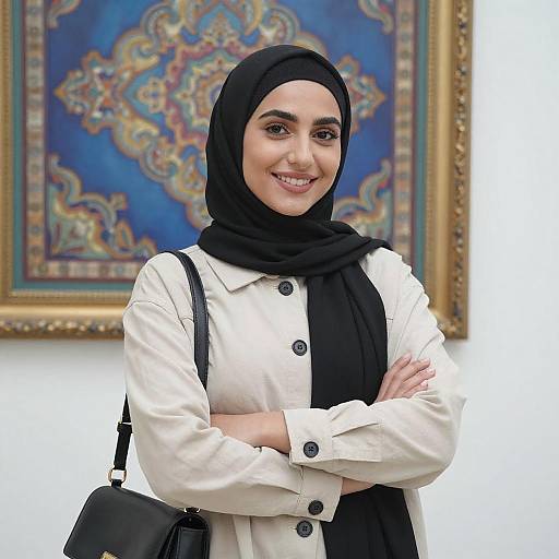 Photograph of a smiling woman with a black hijab, white button-up blouse, black bag, arms crossed, standing in front of a colorful,