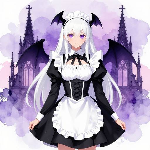 Digital anime-style drawing of a white-haired, purple-eyed vampire maid with bat wings, black and white outfit, standing in front of a gothic cathedral