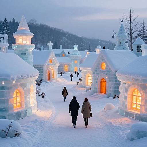 Photograph of a snowy village at dusk with glowing, orange-lit ice houses, snow-covered roofs, and two people walking down a snow-covered path
