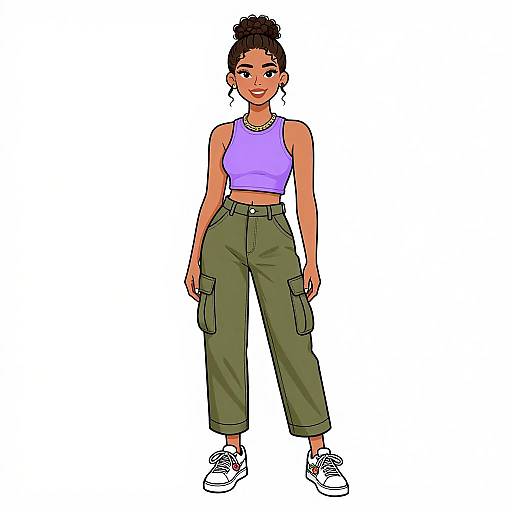 Digital illustration of a young Black woman with dark skin and curly hair in a bun. She wears a purple crop top, high-waisted olive green