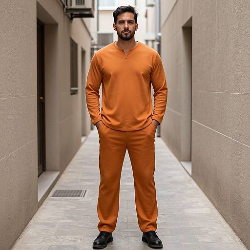 Photorealistic digital image of a bearded man in orange prison outfit standing confidently in a narrow urban alleyway.
