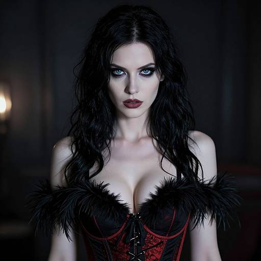 Photograph of pale-skinned woman with long black wavy hair, intense blue eyes, dark red lipstick, wearing black and red corset with black