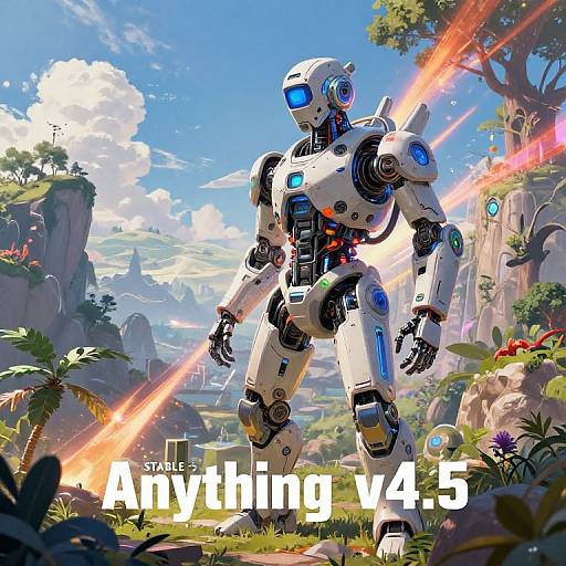 Digital art of a white, glowing, humanoid robot with blue eyes, standing in a vibrant, mountainous landscape with explosions. Text: 