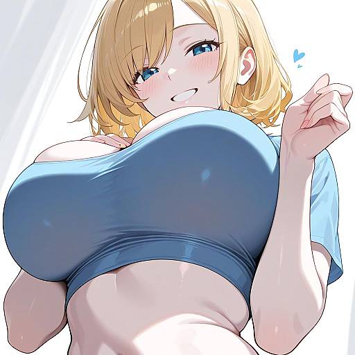Digital anime-style drawing of a blonde woman with blue eyes, large breasts, wearing a tight blue crop top, smiling, and looking down.