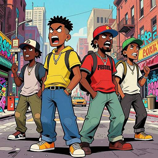 Digital comic-style illustration of four angry Black teenage boys in urban streetwear, backpacks, and colorful hats, standing defiantly on a graffiti-covered city