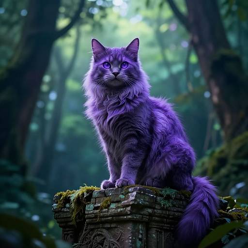 Digital artwork of a regal, purple-furred cat with glowing eyes sitting on a moss-covered stone pedestal in a mystical, moonlit forest.