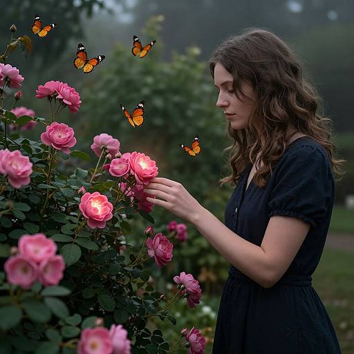 Photograph of a young woman with wavy brown hair in a black dress, gently touching pink roses, surrounded by flying orange butterflies in a lush,