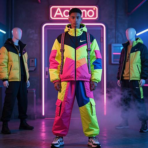 Photograph of a man in a vividly colorful, neon-patterned jacket and pants, standing in front of a neon 