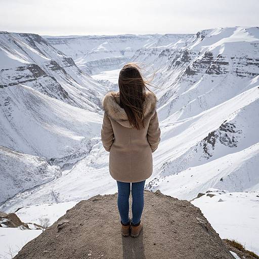 Photograph of a woman with long brown hair, wearing a beige fur-lined coat and blue jeans, standing on a snowy mountain peak, facing a vast