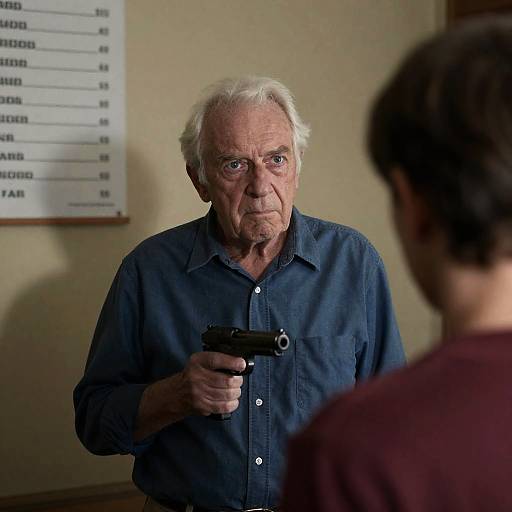 Old Man Holding Gun with Intense Expression