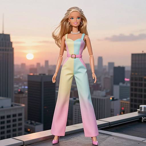 Digital CGI image of a blonde doll in a gradient pastel jumpsuit, pink heels, and pearl necklace, standing on a rooftop at sunset with a