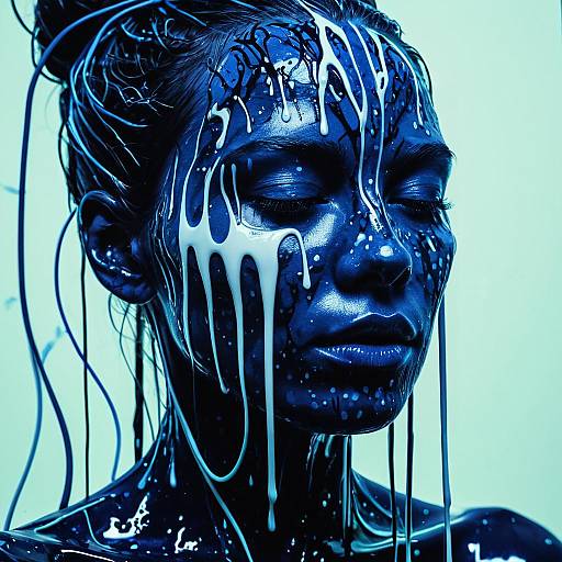 Surreal Woman with Blue and Silver Liquid Paint