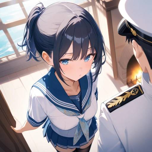 Anime Schoolgirl with Navy Officer Indoors