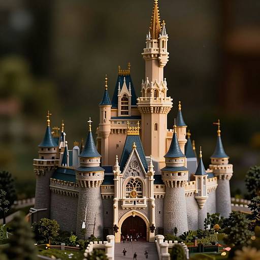 Photograph of a detailed, illuminated, fairy-tale castle with blue-topped turrets, golden accents, and intricate stonework, set against