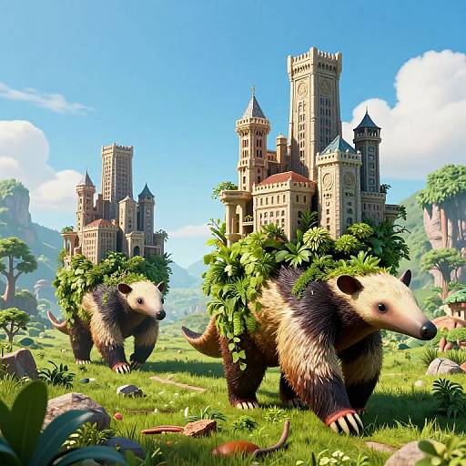 Digital artwork of two hedgehogs with green leafy garlands standing in a vibrant, lush forest with a grand, medieval castle in the background under