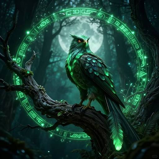Digital fantasy artwork of a glowing green-feathered owl perched on a dark, twisted branch, encircled by neon green runes, with a