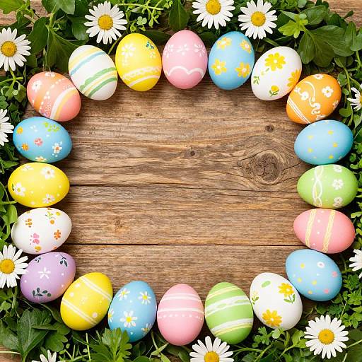 Photograph of colorful Easter eggs with floral patterns, surrounded by white daisies and green leaves, on a wooden surface.