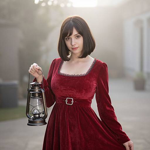 Victorian Woman in Red Velvet Dress