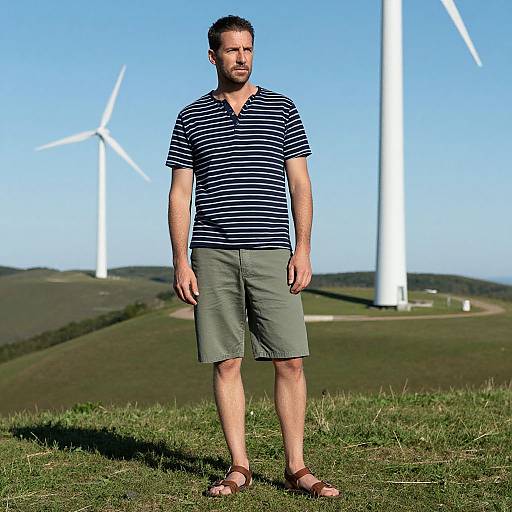 Photograph of a Caucasian man with short dark hair, wearing a black and white striped polo, green shorts, and sandals, standing on a grassy