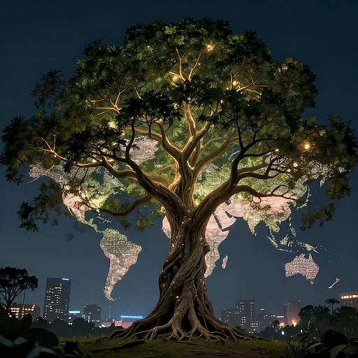 Photograph of a large, illuminated tree with glowing world map lights in its branches, set against a dark, city skyline at night.