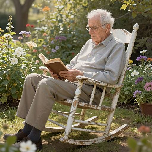 Photograph of an elderly white man with white hair, wearing glasses, light gray shirt, and beige pants, reading a book on a weathered white