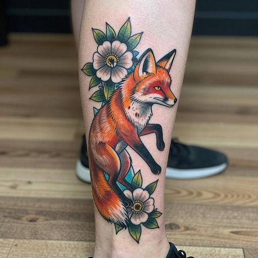 Vibrant Fox Tattoo on Calf