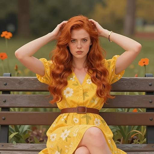 Young Woman in Floral Dress in Garden