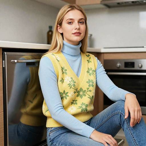Charming Kitchen Scene with Woman in Knit