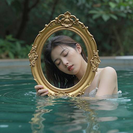 Photograph of an Asian woman with closed eyes, holding an ornate gold mirror in a pool, surrounded by green foliage.