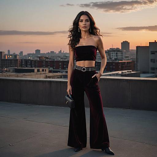 Confident Woman in Velvet Tube Top on Rooftop