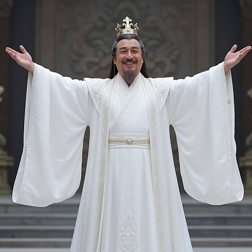 Photograph of a smiling man with long black hair, beard, wearing a white robe, gold crown, and outstretched arms, standing on orn