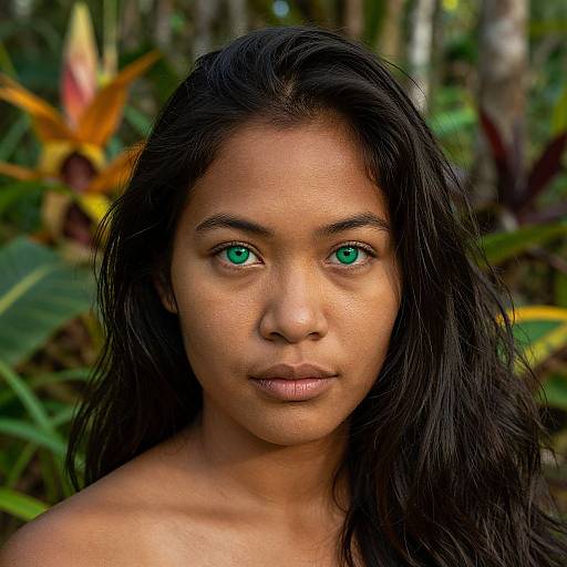 Photograph of a young woman with medium brown skin, green eyes, and long black hair, standing in a lush tropical forest. She gazes directly