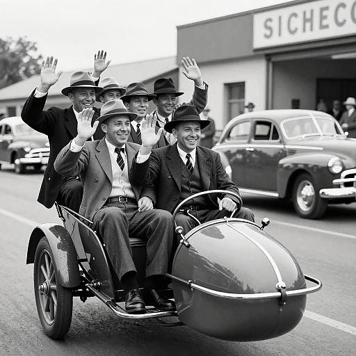 Black-and-white photograph of four smiling men in 1930s-style suits and hats, waving from a vintage three-wheeled car on a street