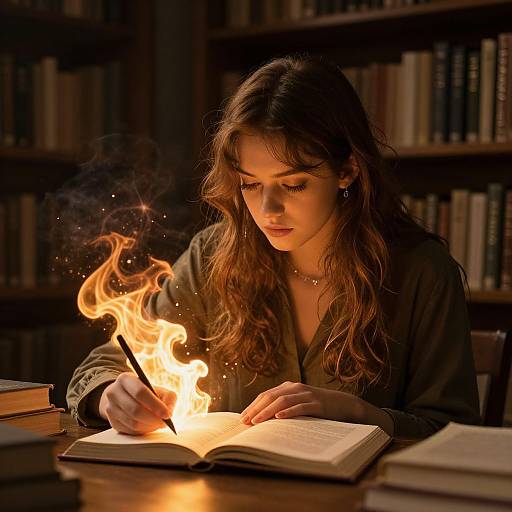 Photograph of a young woman with long brown hair, wearing a dark robe, writing in an open book with a flame on her pen, surrounded by