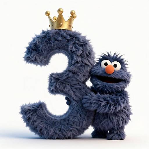 Photograph of a blue, fuzzy, Sesame Street-style monster with a red nose, wearing a gold crown, standing next to a large, fluffy