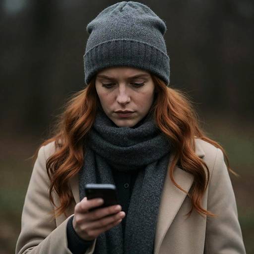 Serious Woman in Gray with Red Hair
