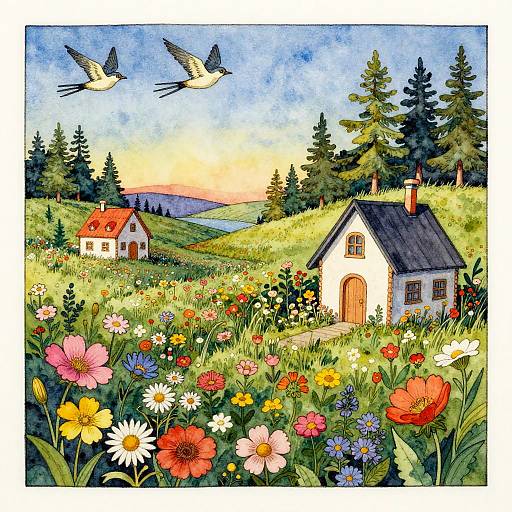 Whimsical Nordic Cottage Tattoo Landscape