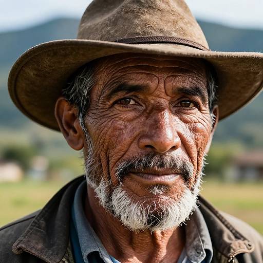 Photograph of an elderly, weathered-faced man with gray beard, wearing a brown hat and jacket, set against a blurred mountainous background. His