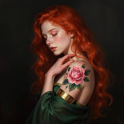 Photorealistic digital artwork of a fair-skinned, red-haired woman with closed eyes, wearing a green off-shoulder garment and gold arm cuff