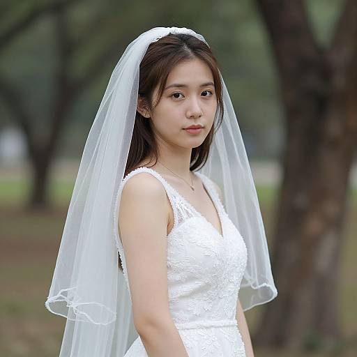 Photograph of a young Asian woman with fair skin, wearing a white lace wedding dress and veil, standing in a forested area.
